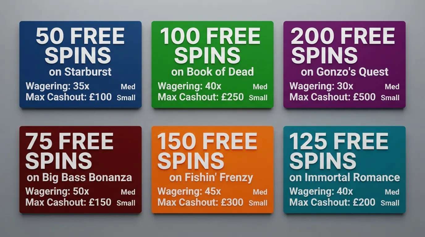 A side-by-side grid of UK casino welcome-offer cards showing varying free-spin counts, wagering labels and cashout caps, arranged for direct comparison
