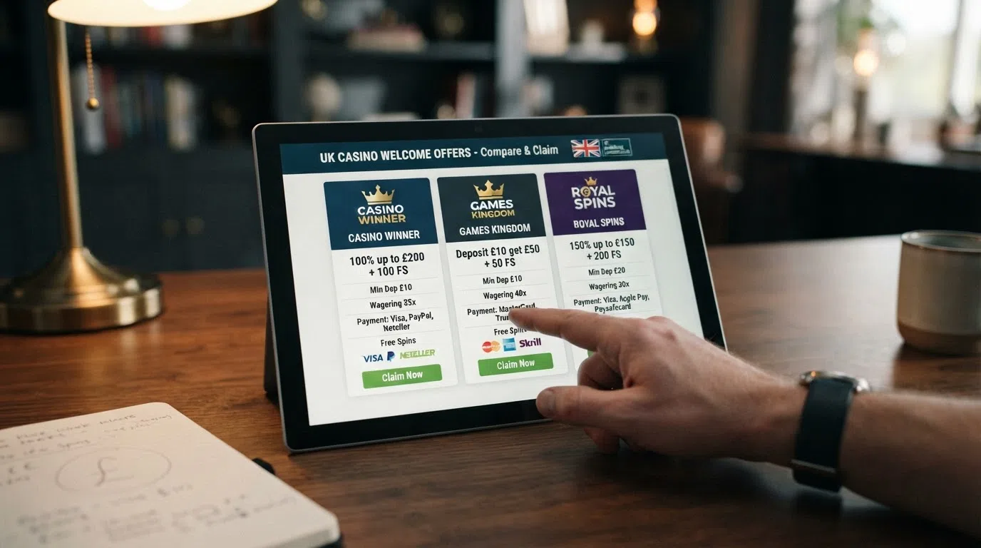 A side-by-side display of UK-licensed casino welcome offers with their payment-method badges and free-spin counts