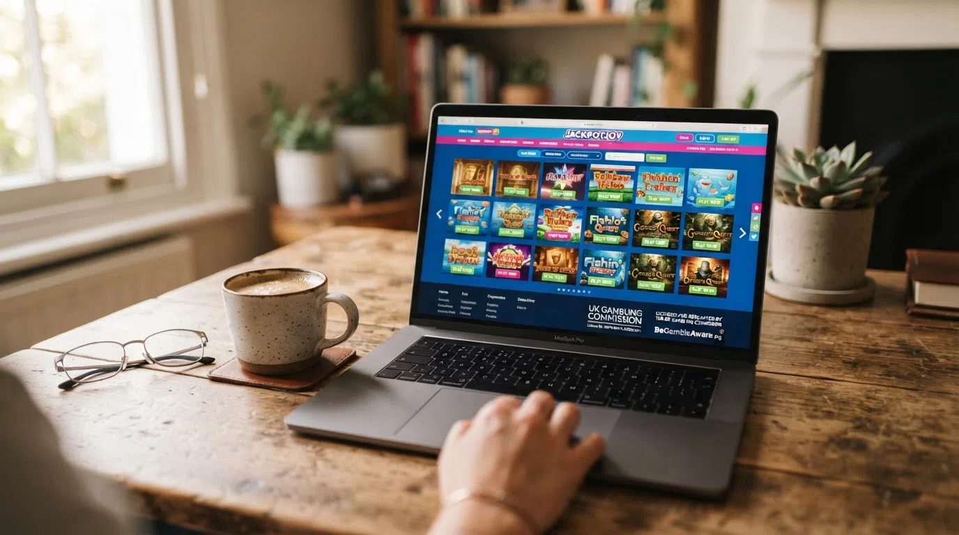 A UK-licensed online casino lobby showing slot game thumbnails with the operator's UKGC licence badge visible in the footer