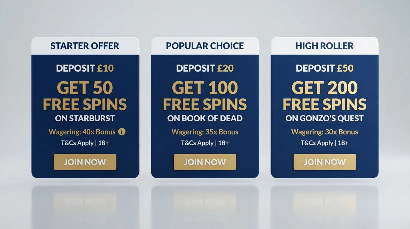 A side-by-side comparison view of UK casino welcome-offer panels with free-spin counts, wagering terms and deposit amounts highlighted