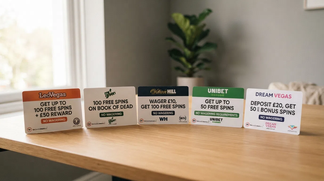 A grid of UK-licensed casino welcome-offer cards showing free-spin counts and “no wagering” badges, arranged on a clean comparison-style layout