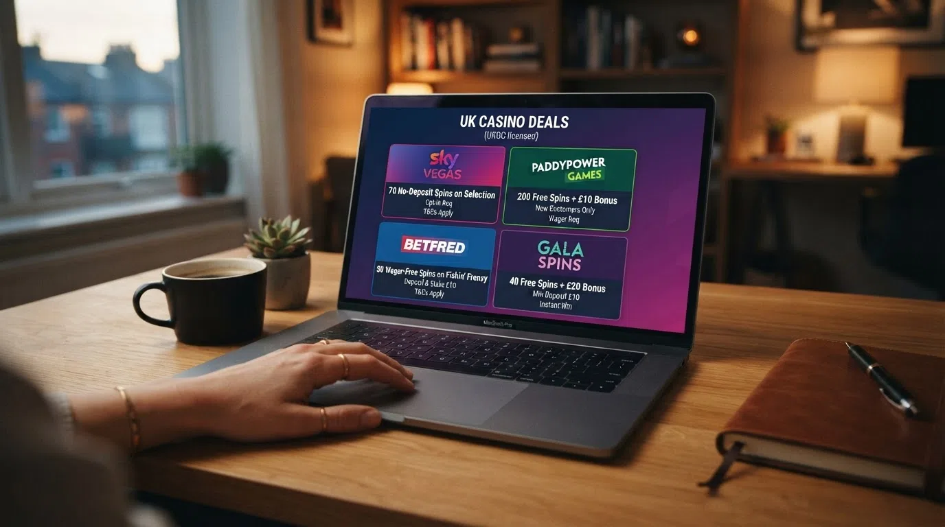 A clean comparison view of welcome-offer cards from multiple UK-licensed casino sites, with the no-deposit offers visually highlighted