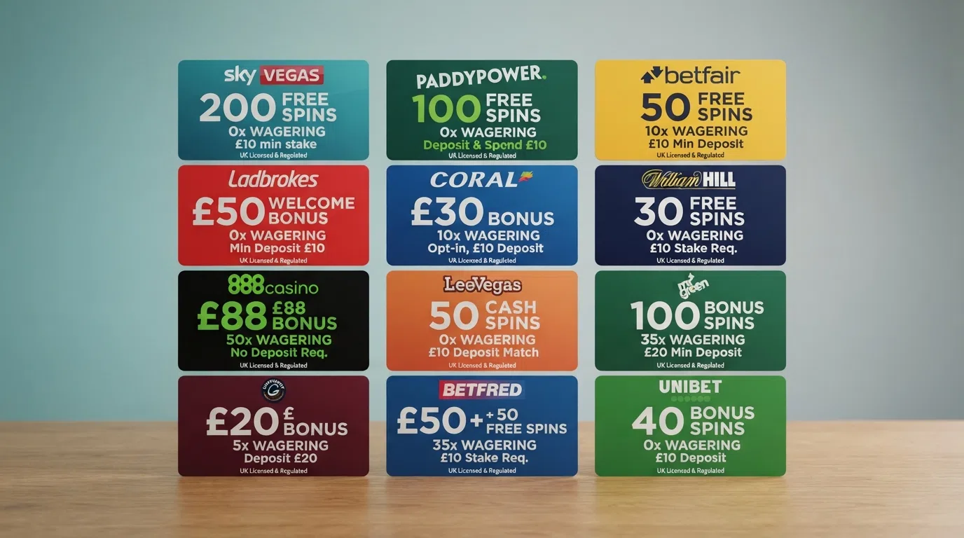 A side-by-side grid of UK casino welcome-offer cards showing free-spins counts, wagering labels and deposit amounts