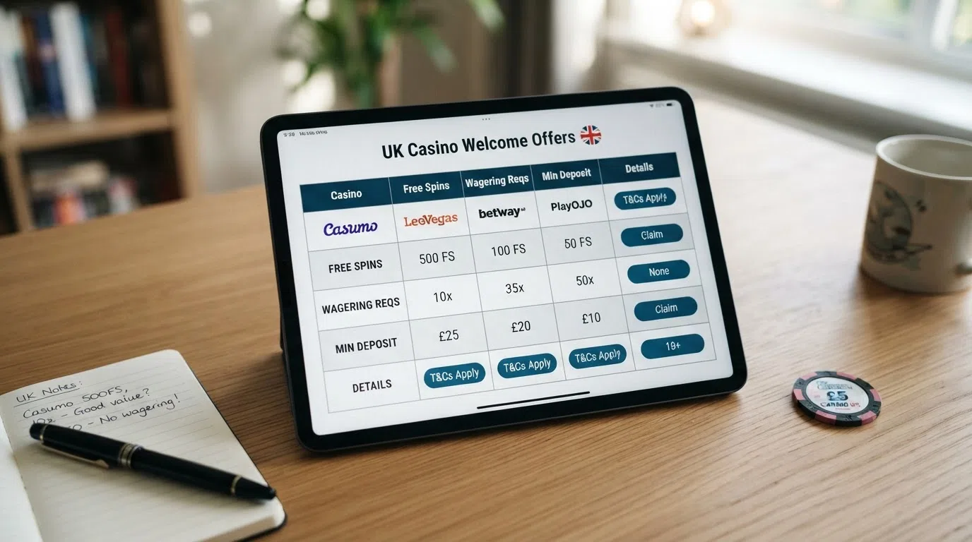 A side-by-side comparison grid of UK casino welcome offers showing free-spins counts, wagering multipliers and minimum deposits