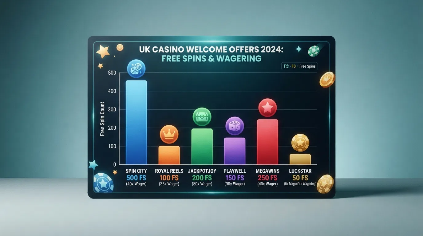 A comparison table of UK-licensed casino welcome offers with operator names, free-spin counts and wagering terms