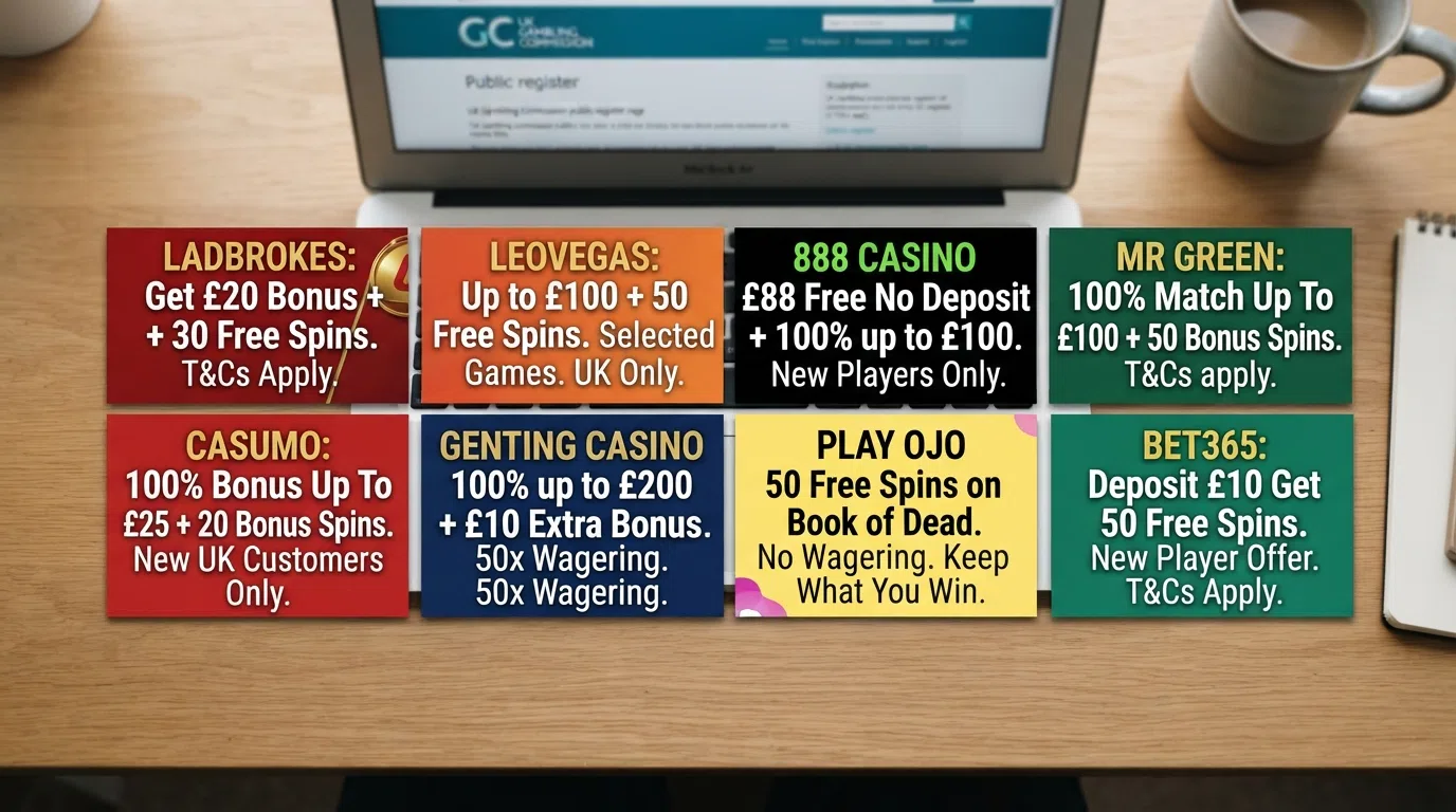 A grid of UK casino welcome-offer banners showing free-spin counts, wagering terms, and eligible slot titles side by side