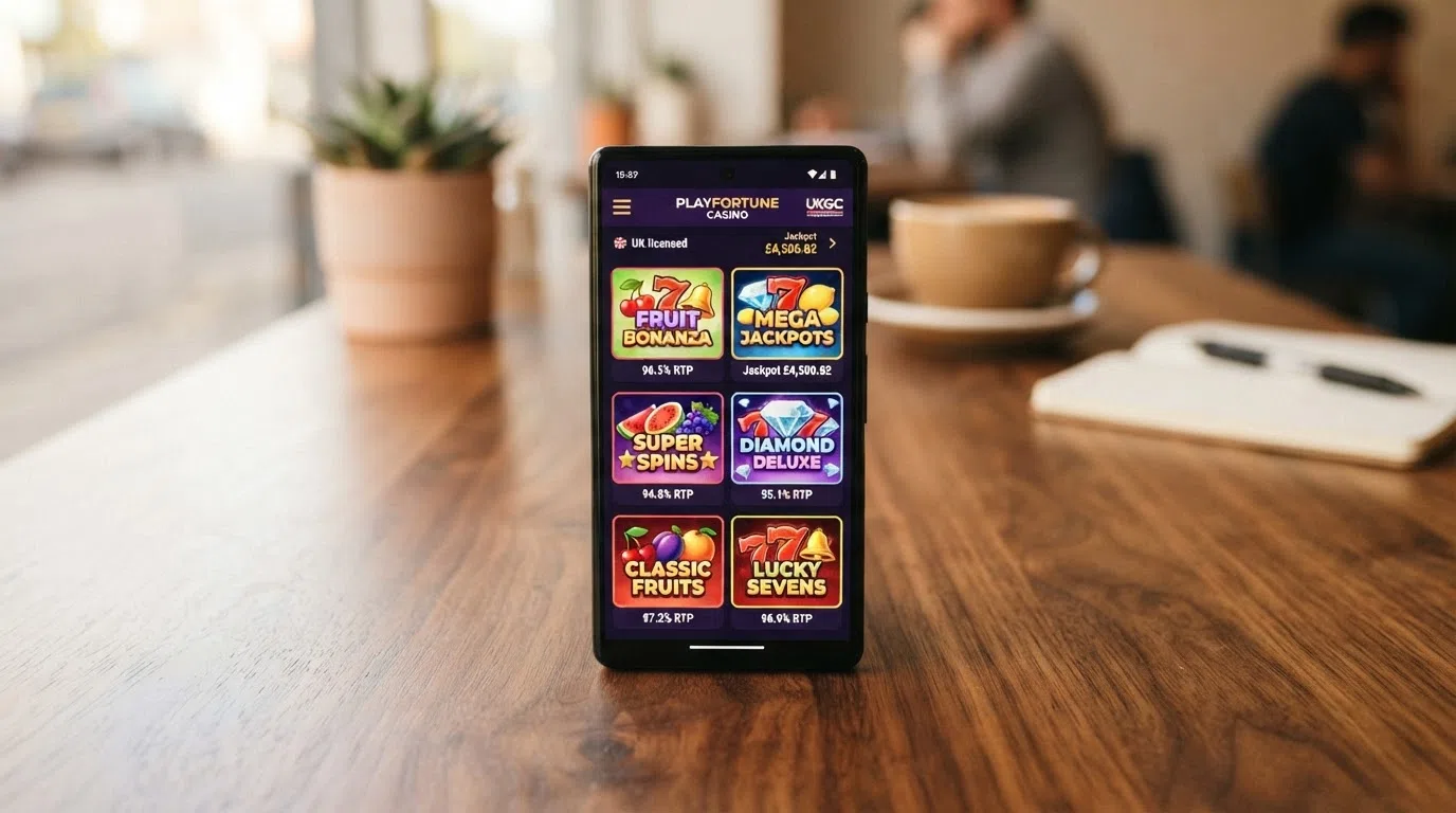 A smartphone screen showing a casino game lobby with six fruit machine slot thumbnails arranged in a two-column grid, each featuring classic fruit and bell symbols