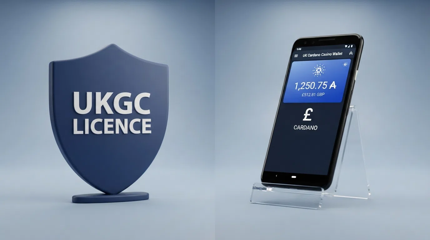 A split-screen comparison: a UKGC licence badge on the left and a cryptocurrency wallet interface displaying an ADA balance on the right