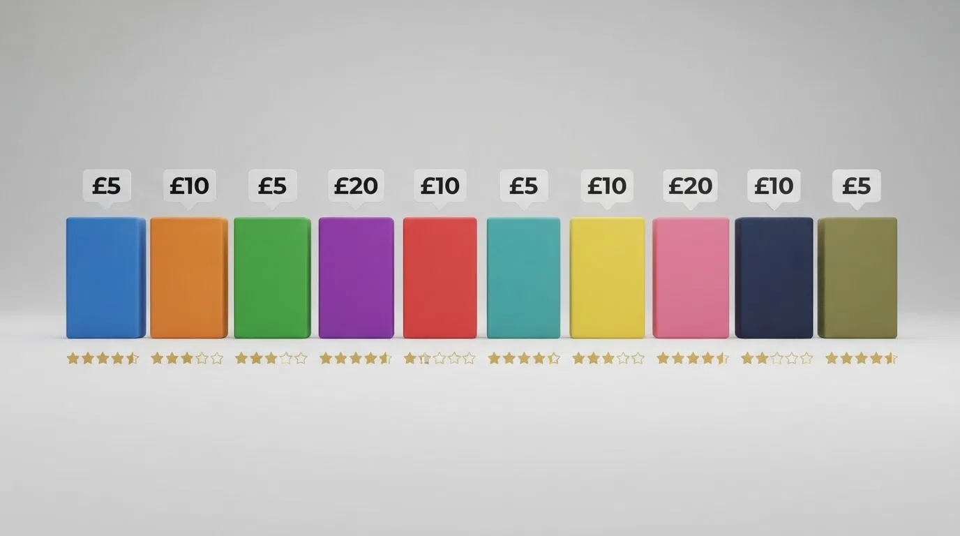 A side-by-side arrangement of UK casino brand logos with deposit-amount callouts and a star rating scale