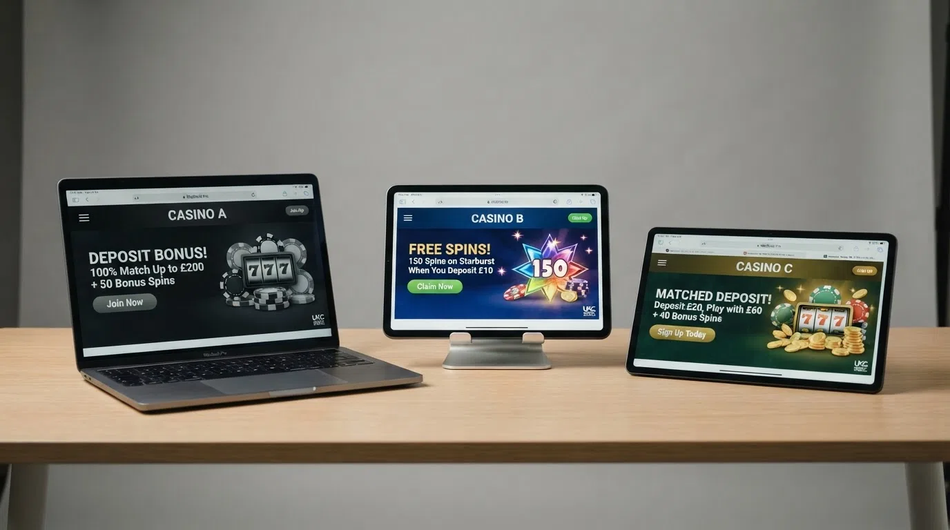 Side-by-side browser tabs showing welcome-offer landing pages from three UKGC-licensed casino operators