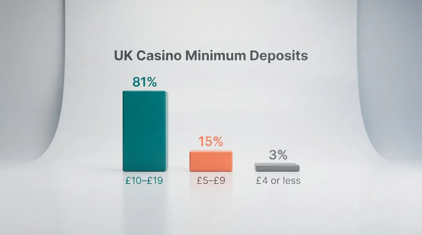A bar chart or infographic showing the distribution of UK casino minimum deposits — 81% at £10–£19, 15% at £5–£9, 3% at £4 or less, based on Bojoko's market analysis
