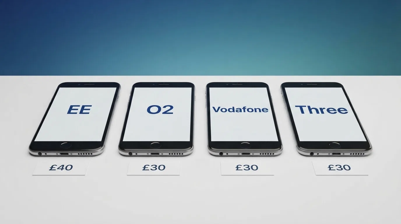 A side-by-side comparison graphic of the four major UK mobile network logos (EE, O2, Vodafone, Three) with deposit cap figures (£30 and £40) displayed beneath each