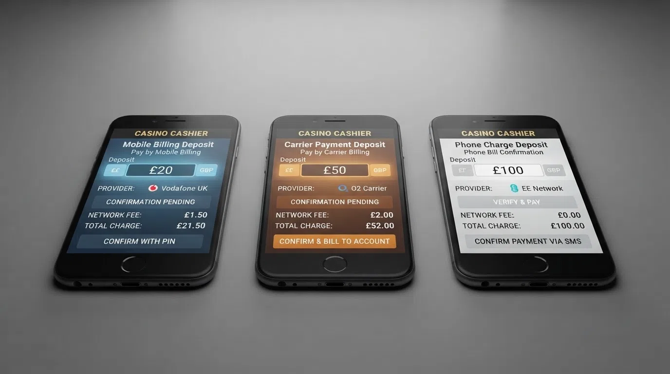A side-by-side comparison visual: mobile phone screens showing three different pay-by-phone casino cashiers — Boku, Fonix and Siru Mobile — with the deposit-amount field and network confirmation prompt visible on each