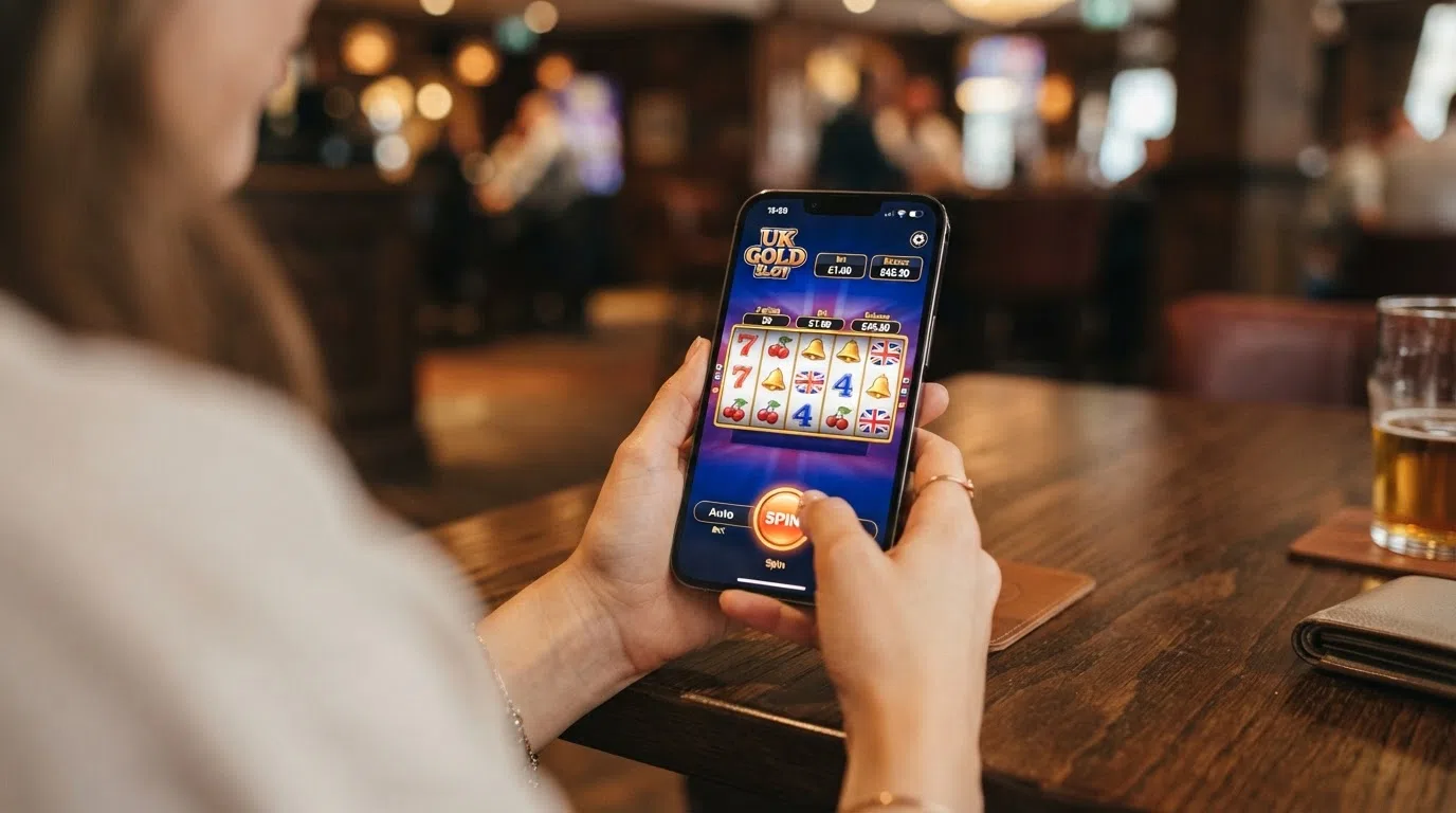 A mobile phone in portrait orientation displaying a slot game reel with a modest balance figure visible, the game screen framed by a casino interface