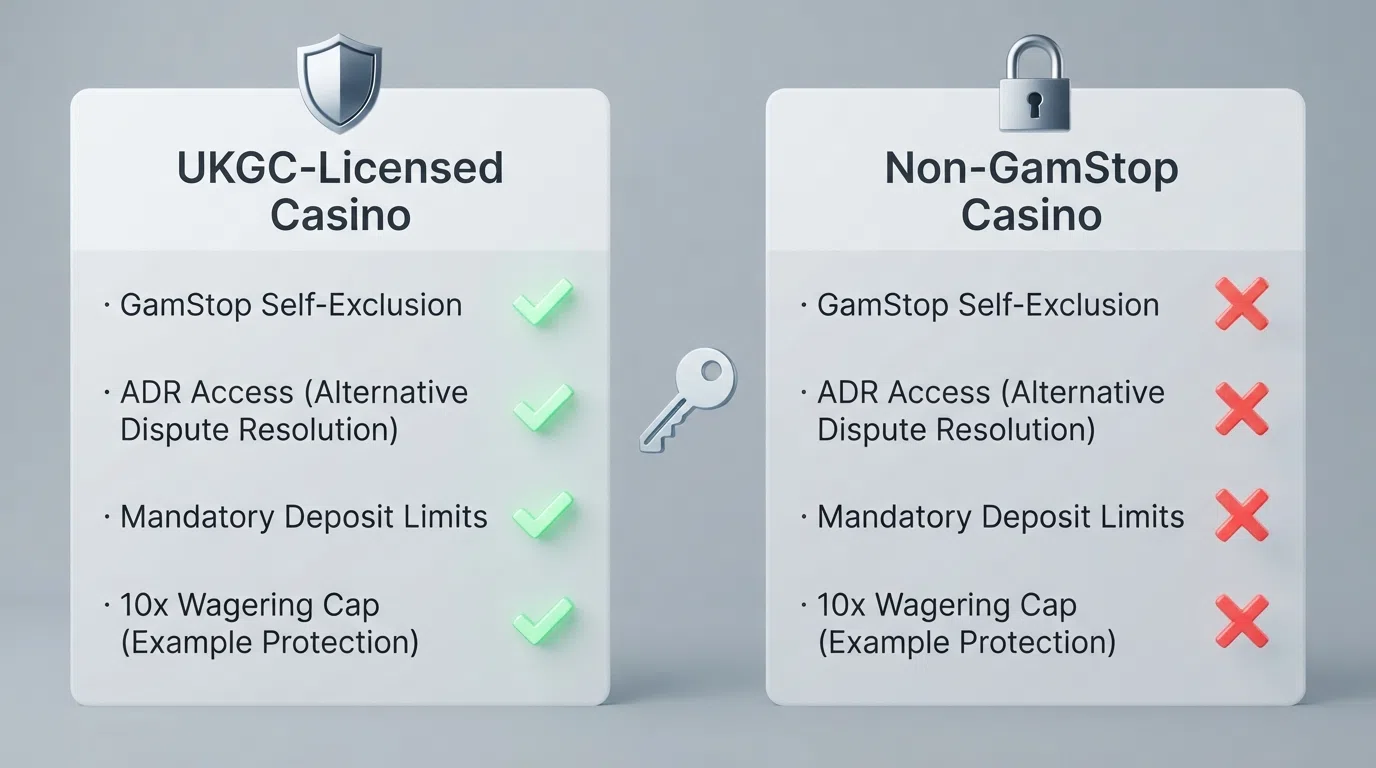A side-by-side comparison graphic: the left column lists UKGC protections (GamStop, ADR, deposit limits, 10x wagering cap) with green checkmarks, the right column shows the same items under “Non-GamStop Casino” with red crosses