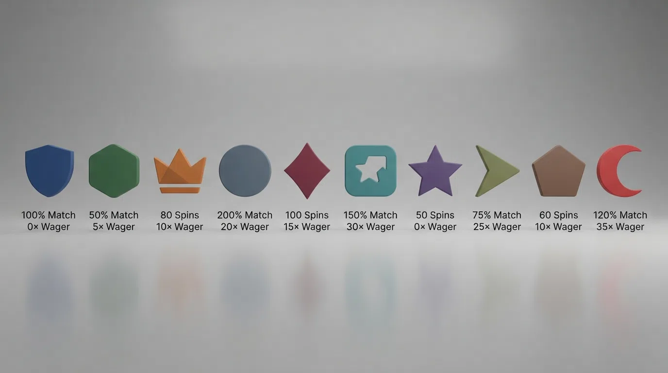 A side-by-side grid of ten UK-licensed casino operator logos arranged in ranked order, each with its reload bonus type and wagering requirement displayed beneath