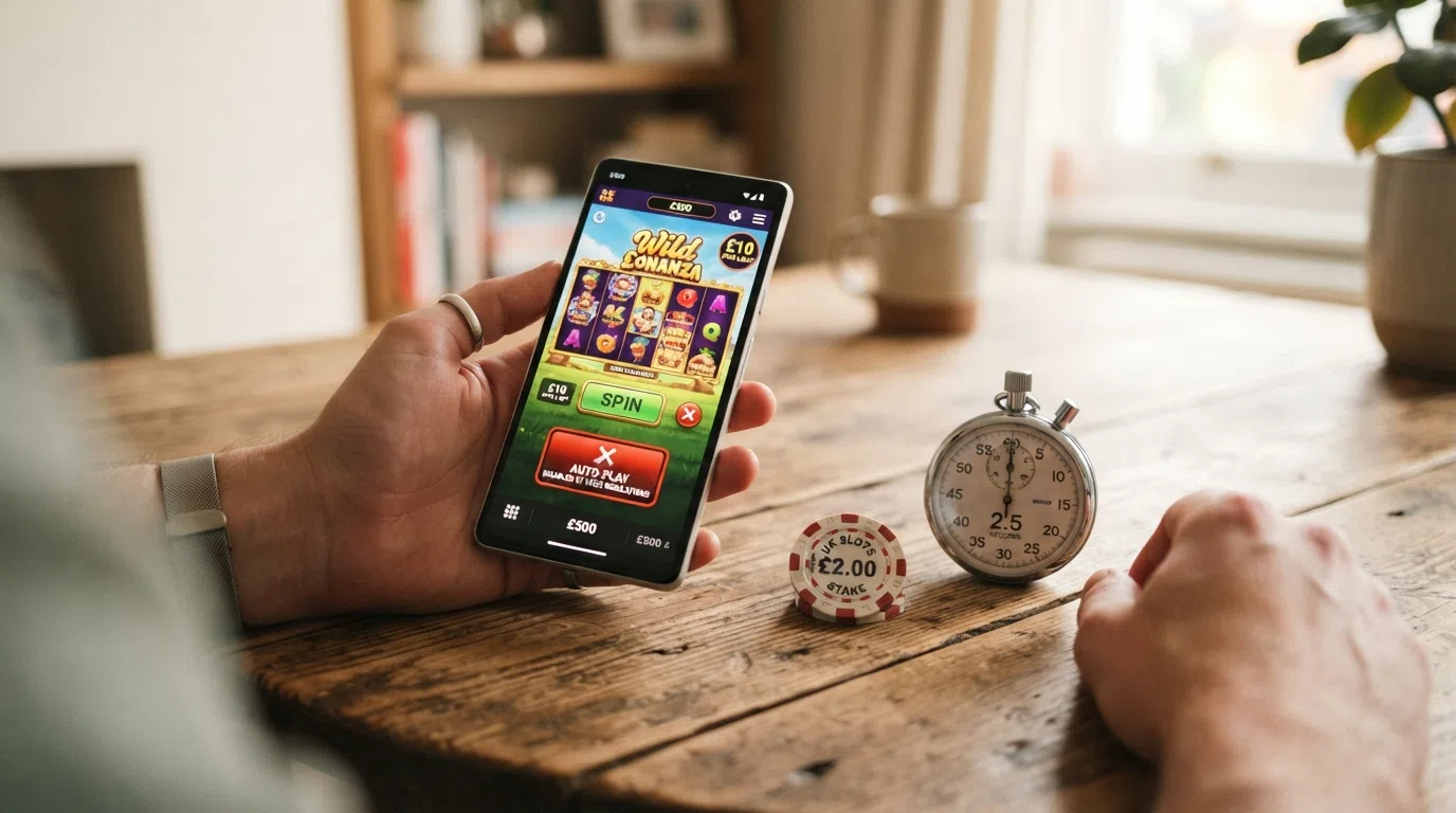 A visual summary of the UK's slot rulebook: a £5 chip beside a stopwatch showing 2.5 seconds, an auto-play button crossed out, and the UKGC logo