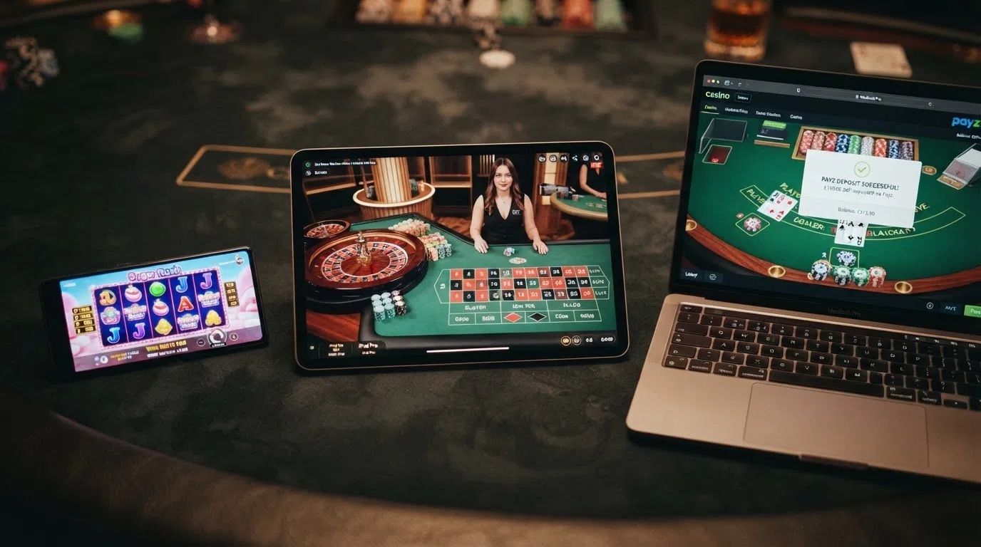 A grid of game thumbnails — a Pragmatic Play slot reel, a live roulette table, and a blackjack hand — with a deposit confirmation overlay showing a Payz funding amount