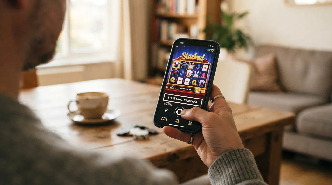 A smartphone screen showing a slot game in progress with a prominent £5 stake-limit indicator overlay and a GamStop logo in the corner