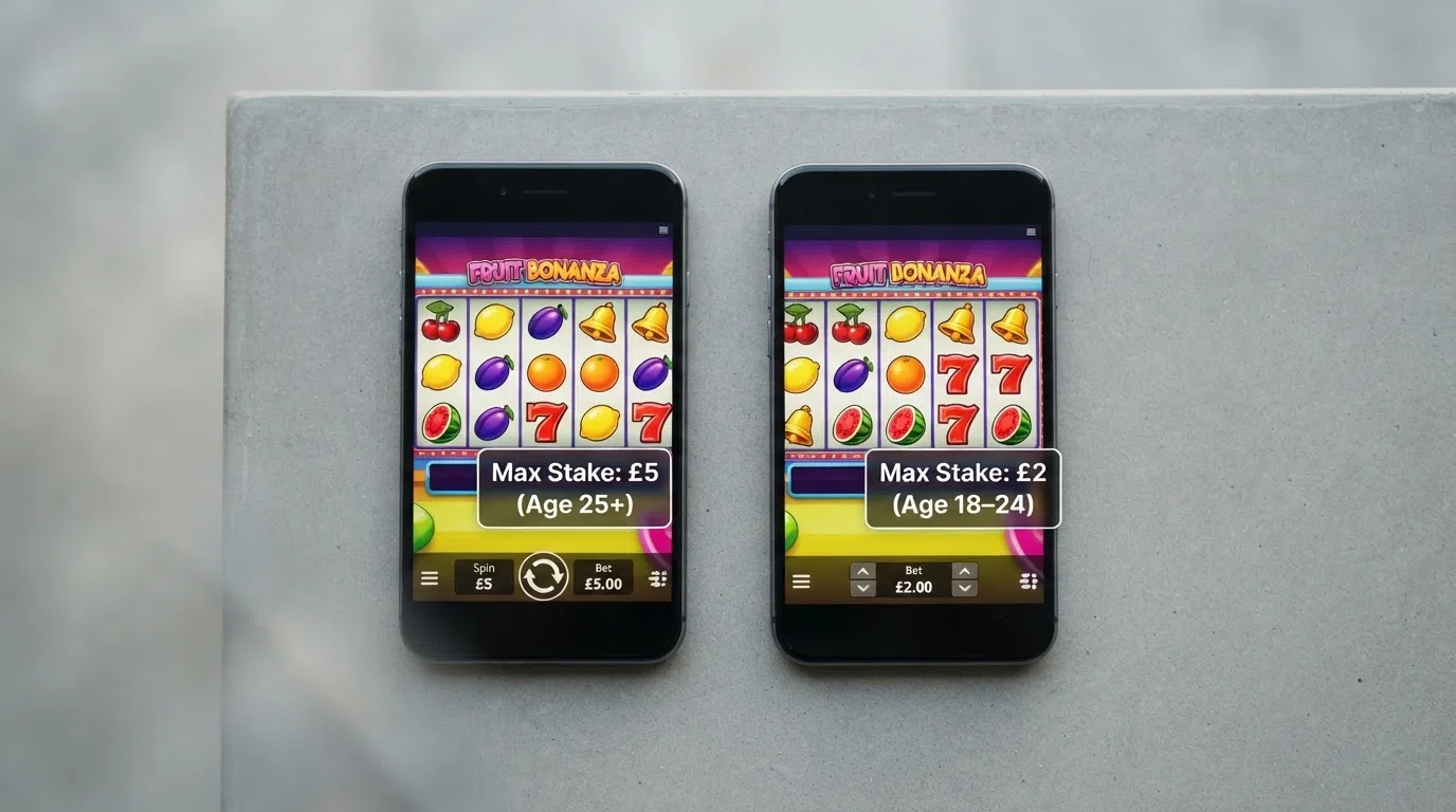 Two mobile phones side by side showing the same fruit slot screen with different stake-limit overlays: one displays “Max Stake: £5 (Age 25+)” and the other “Max Stake: £2 (Age 18–24)”