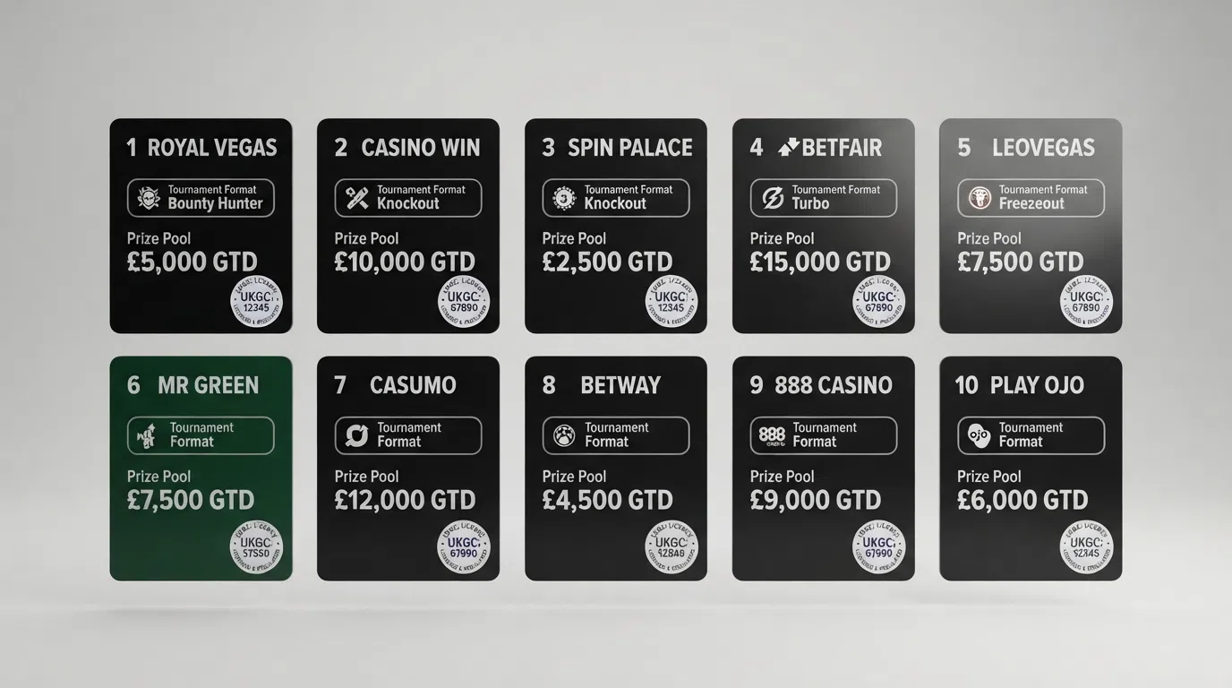 Ten casino brand cards arranged in a comparison layout, each showing a tournament format badge, a prize-pool figure and a UKGC licence marker