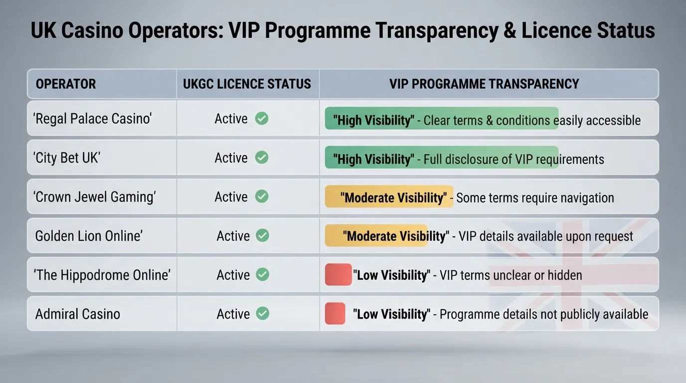 Side-by-side summary table comparing VIP programme visibility and licence status across ten UK casino operators