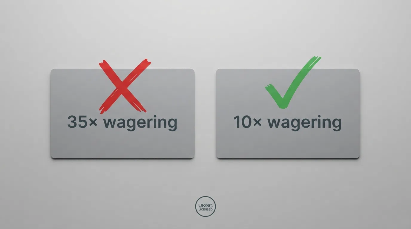 A simple visual comparison showing a bonus with a crossed-out 35× wagering requirement beside one with a 10× cap and a green tick, with a UKGC logo underneath