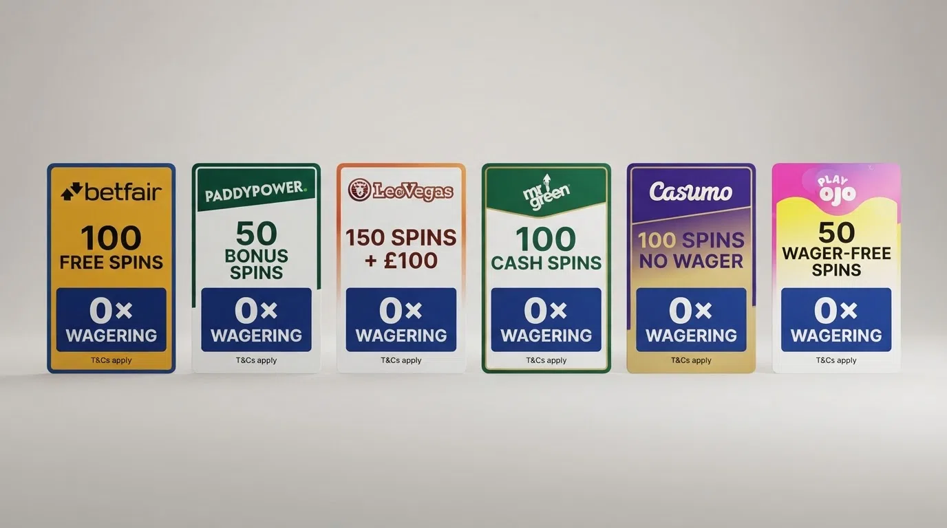 A side-by-side visual of welcome-offer cards from multiple UK casino operators, each showing spin count and wagering label