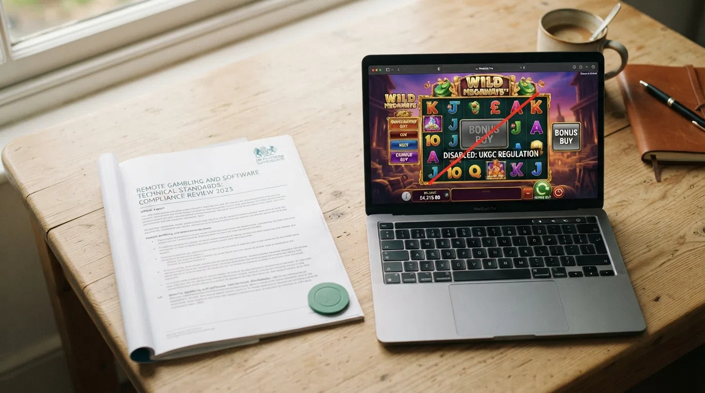 A regulatory document or UKGC logo alongside a screenshot of a slot game with the bonus buy button disabled, illustrating the ban's practical effect