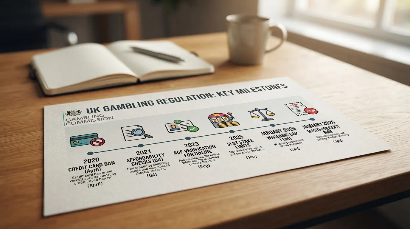 A timeline infographic showing the key UK regulatory milestones affecting casino bonuses — 2020 credit card ban, 2025 slot stake limits, 2026 wagering cap and mixed-product ban — with the Gambling Commission crest.