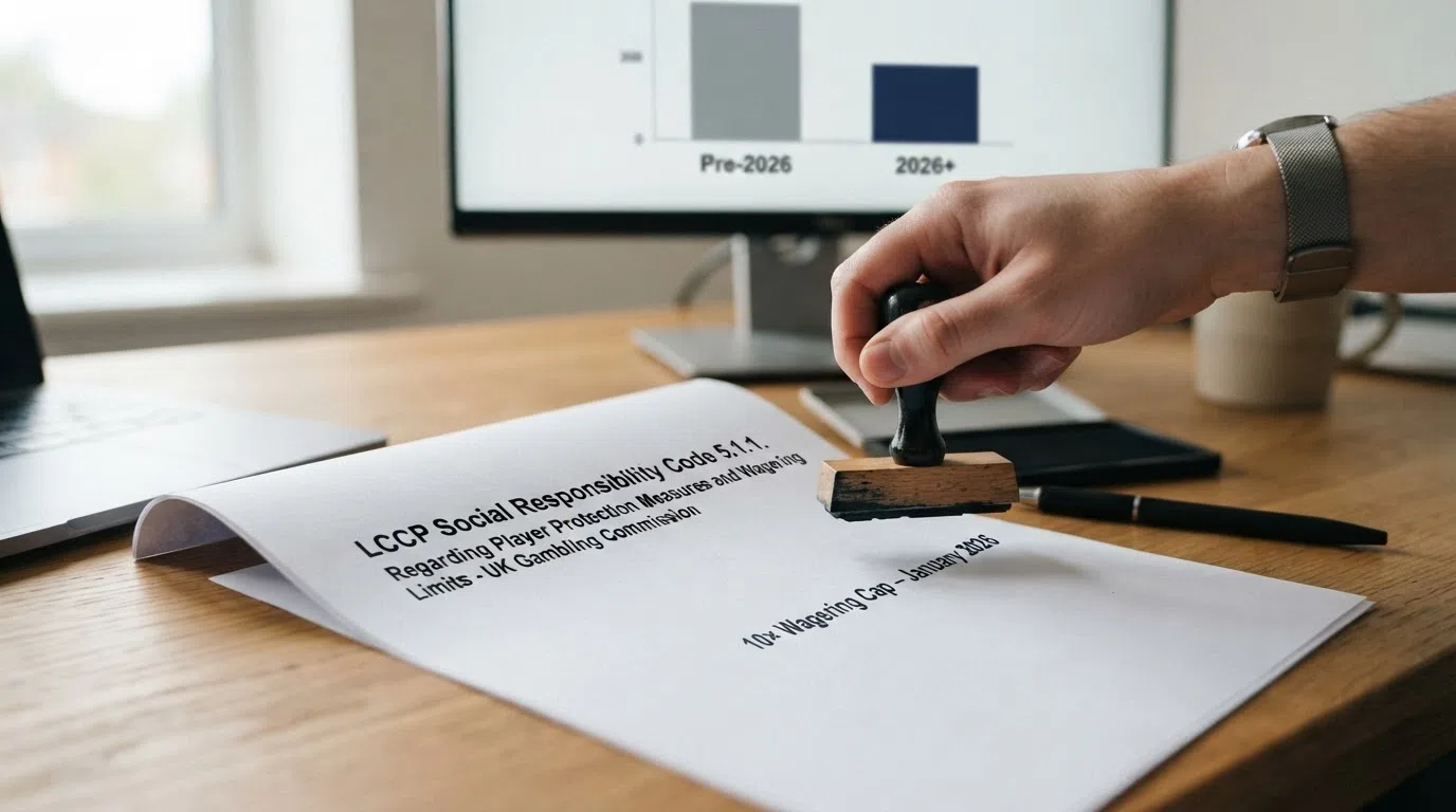 The UK Gambling Commission logo beside a simplified document titled “LCCP Social Responsibility Code 5.1.1” with a bold stamp reading “10× wagering cap — January 2026”