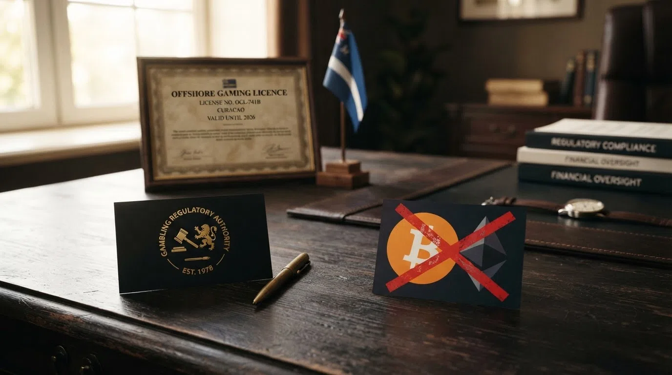 A UK Gambling Commission logo positioned beside a crossed-out cryptocurrency symbol, with a Curaçao licence certificate partly visible in the background and a Union Jack flag