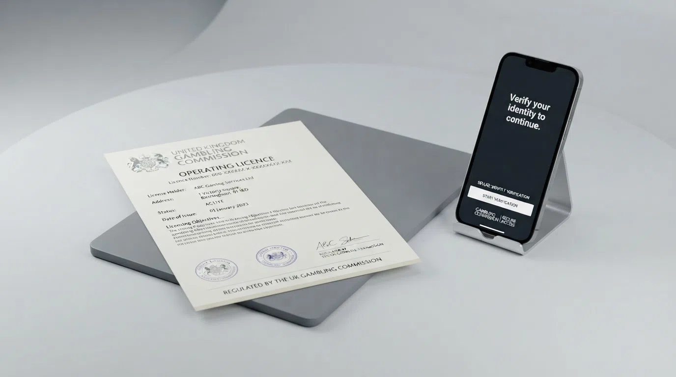 A UK gambling licence document beside an identity card and a phone showing a verification screen