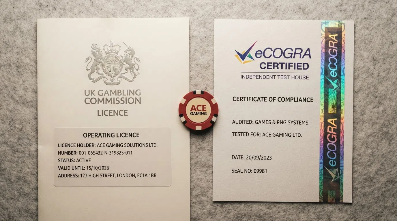 The UK Gambling Commission licence badge displayed alongside an eCOGRA certification seal and a Gaming Laboratories International test report cover