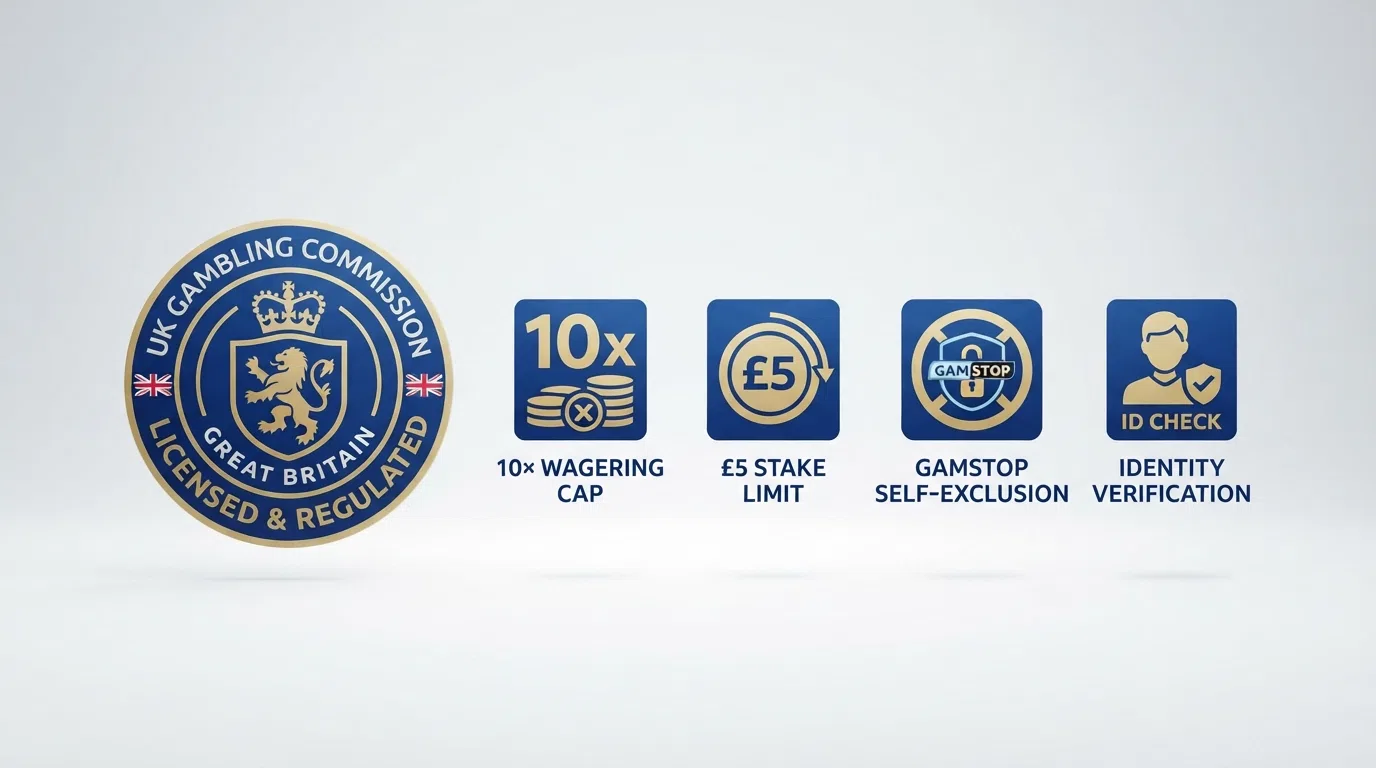 A stylised UK Gambling Commission licence badge alongside icons representing the key player protections — a 10× wagering cap, a £5 stake limit marker, a GAMSTOP logo and a padlock for identity verification