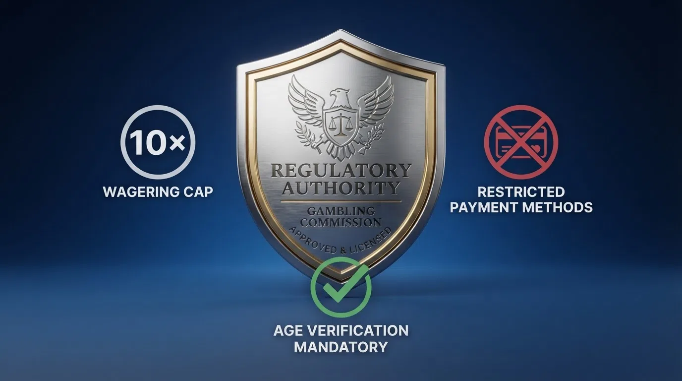 The UK Gambling Commission logo alongside a simplified visual representation of the key 2026 bonus rules — a 10× wagering cap label, a crossed-out credit card icon, and an age-18+ verification checkmark