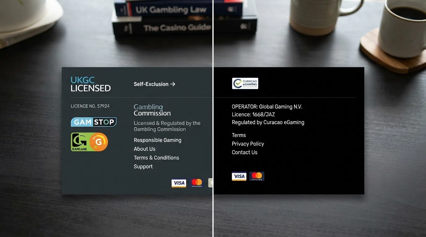 A split-frame comparison: left side shows a UKGC-licensed casino footer with licence number, GamCare logo and GAMSTOP badge; right side shows an offshore casino page with a Curaçao licence reference and no UK player-protection markers