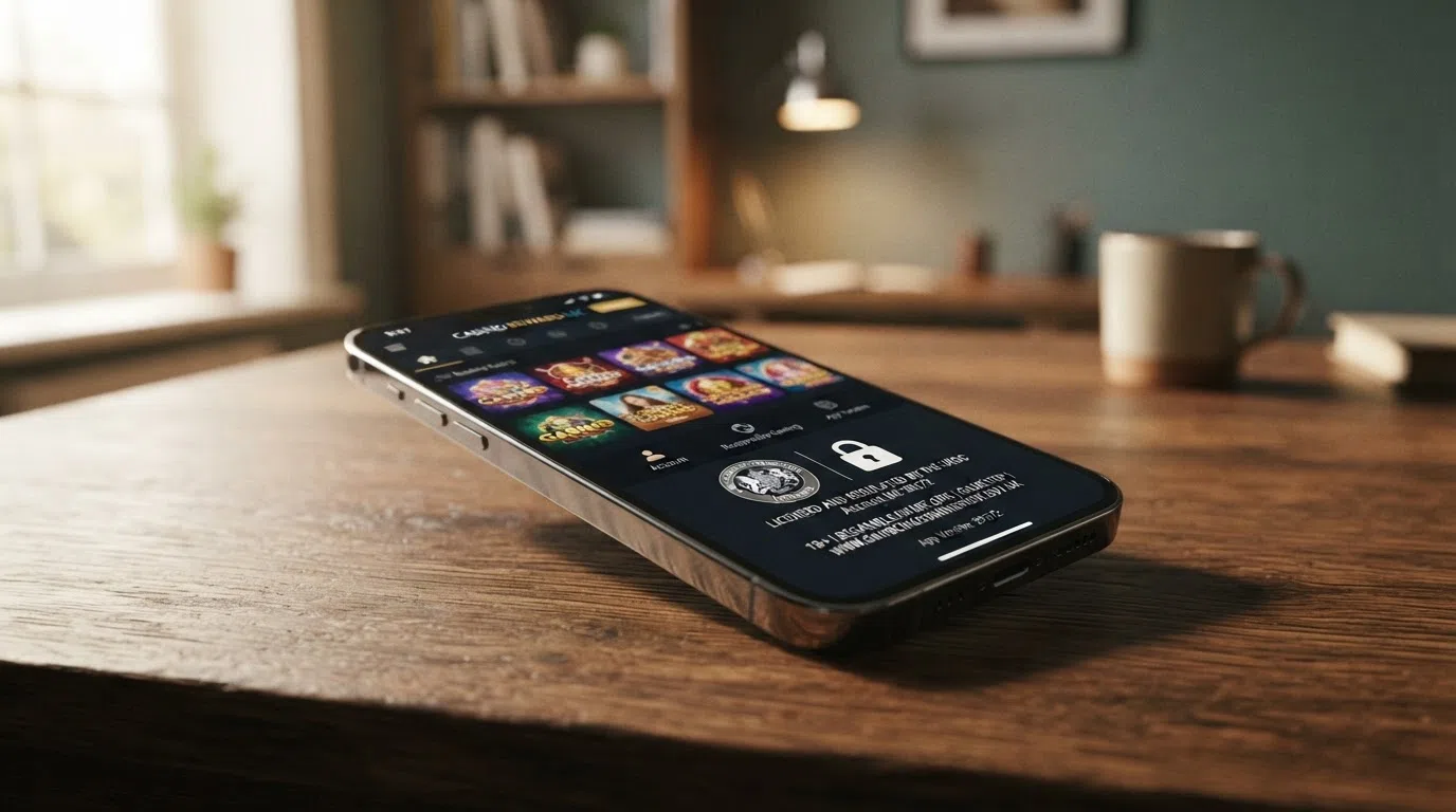 A close-up of a smartphone screen showing the UKGC licence badge and a padlock icon in a casino app footer, with the Gambling Commission logo visible