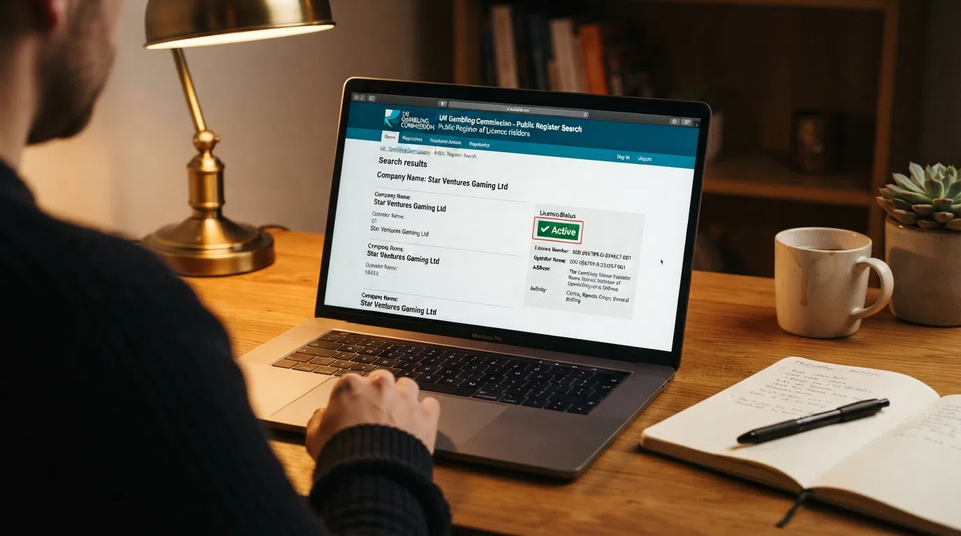 A laptop screen showing the Gambling Commission public register search