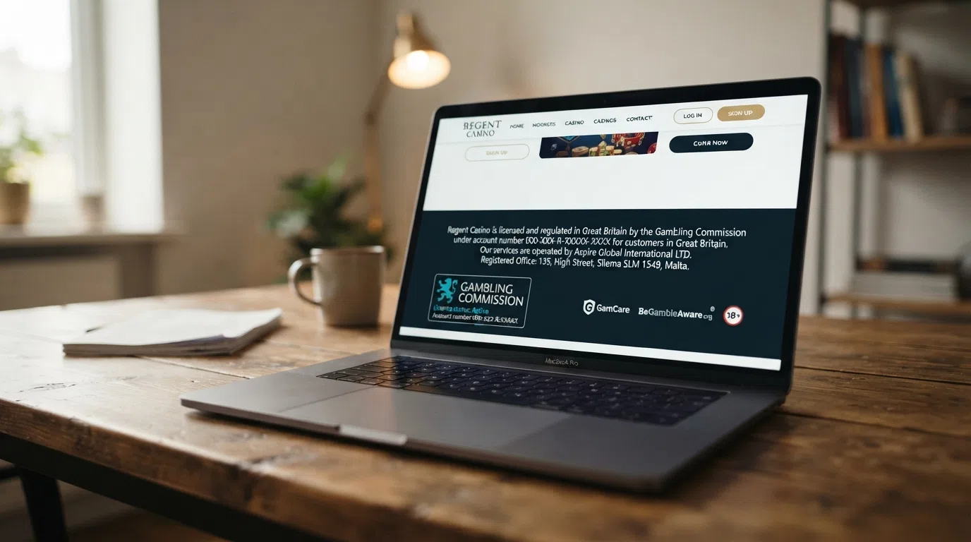 A cropped screenshot of a UKGC-licensed casino website footer showing the Gambling Commission logo, the licence account number and the “Licensed and regulated by” statement.