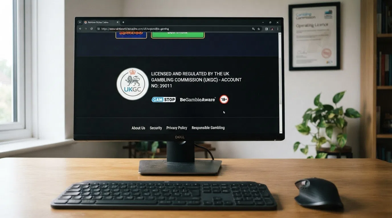 A close-up of a UK Gambling Commission licence badge displayed in a casino website footer, with a padlock icon in the browser address bar visible above it