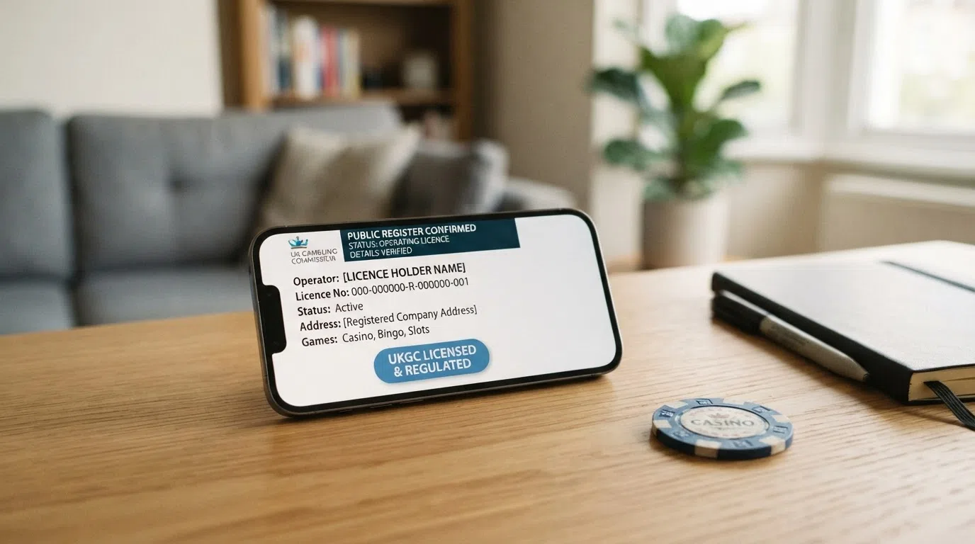 The Gambling Commission logo alongside a smartphone displaying a UKGC licence badge and a GAMSTOP registration confirmation screen