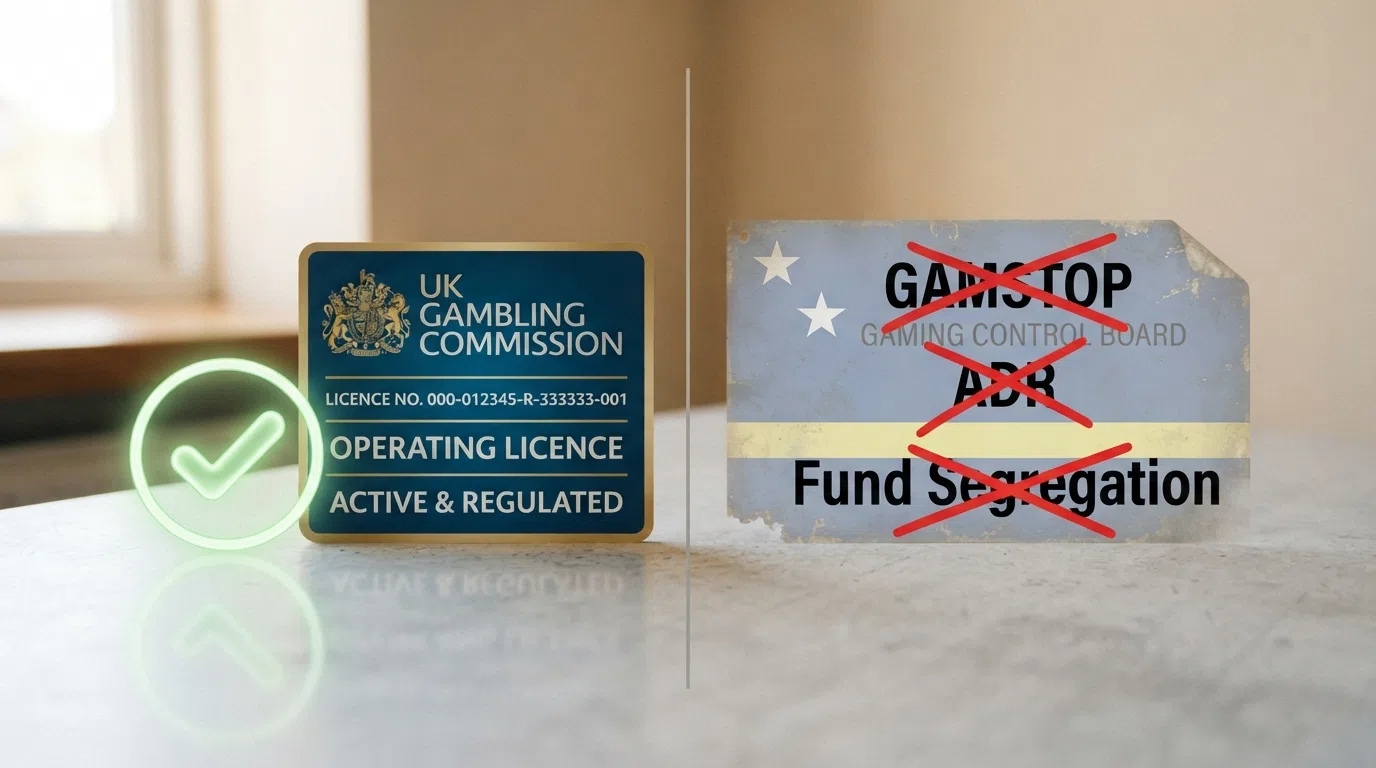 A split visual — a UKGC badge with a green tick beside “GAMSTOP · ADR · Fund Segregation” on one side, and a faded Curaçao flag with red crosses through the same protections on the other