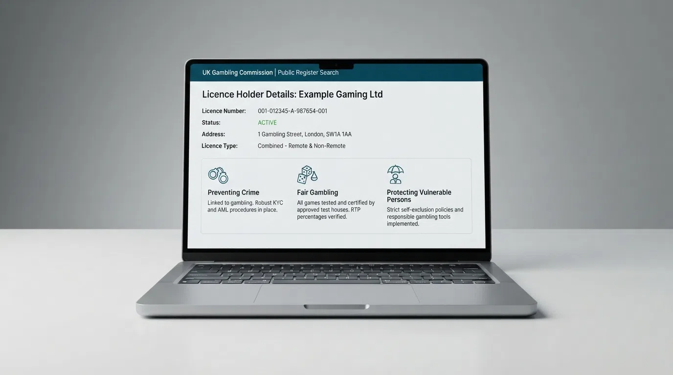 A screenshot of the UK Gambling Commission public register search interface with a licence-holder entry visible, overlaid with icons representing the three licensing objectives