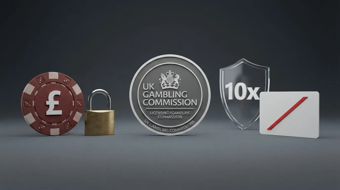 A UK Gambling Commission logo beside a simplified visual of the key welcome-bonus rules — 10x wagering cap, £5 stake limit, ID verification required, credit cards crossed out