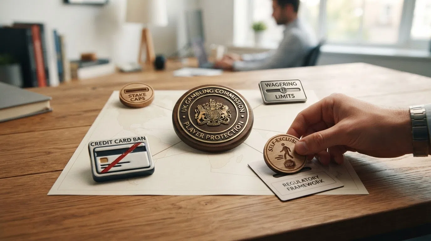 A simplified visual map of the key UKGC player-protection rules — a stake-cap label, a wagering-cap badge, a credit-card ban icon and a GAMSTOP symbol — arranged around a central Gambling Commission logo