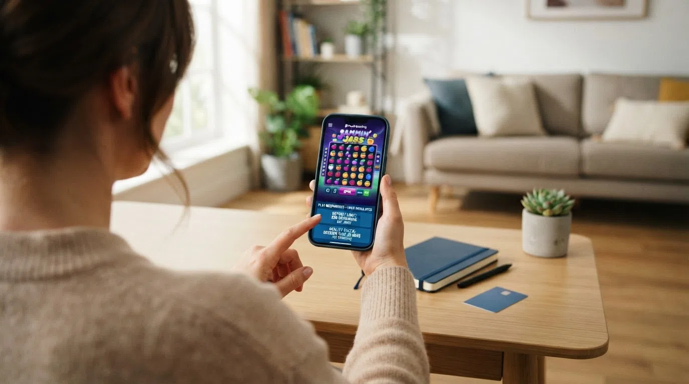 A Gambling Commission licence badge beside a smartphone showing a Push Gaming slot with deposit-limit and reality-check tools visible on screen