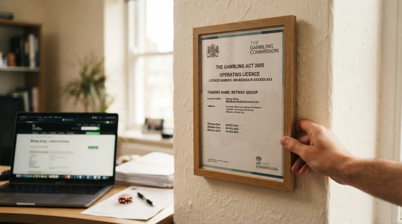 A close crop of a UK Gambling Commission licence certificate with the account number visible and the operator's trading name clearly legible