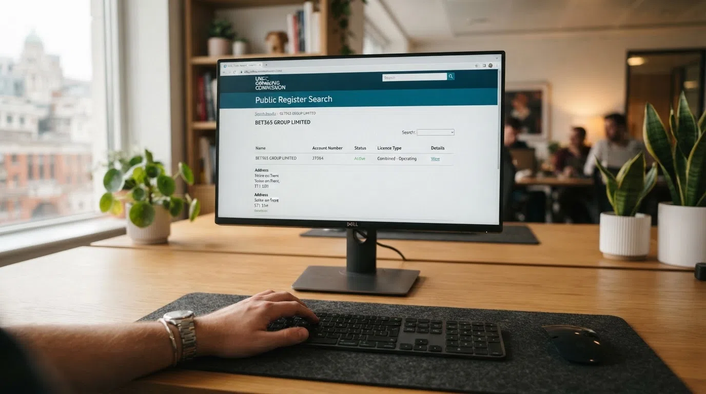 A close-up of the UKGC Public Register search interface on a desktop screen, with an operator name entered and an “Active” licence status visible in the results.