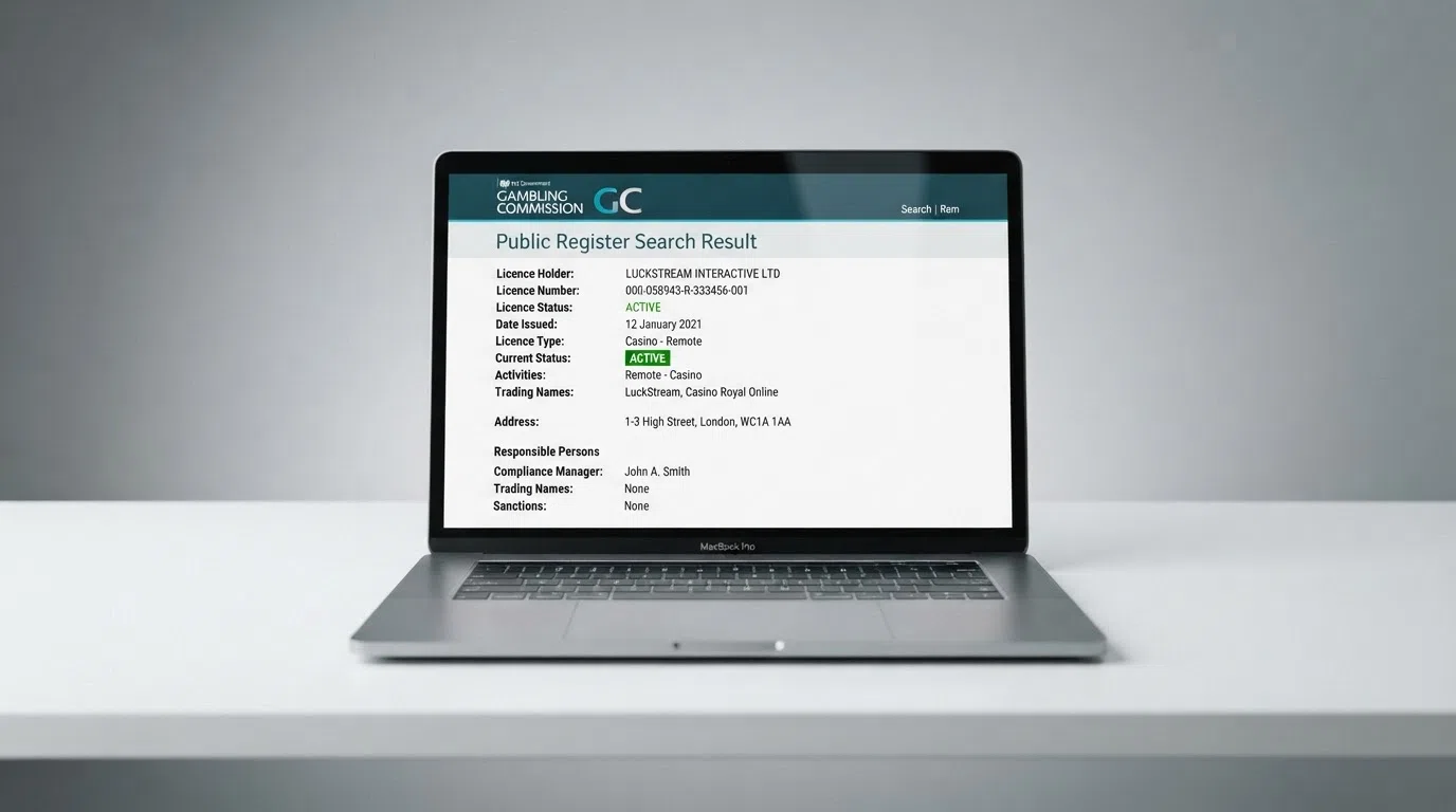 A mockup of the Gambling Commission public register search result showing an active casino remote operating licence with the status field highlighted